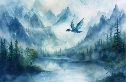 Watercolor Forest White Green Dragon Poster – Fantasy Canvas Art for Dark Academia Home Décor