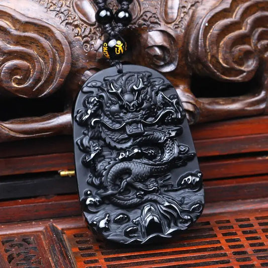 Vintage Obsidian Zodiac Dragon Pendant – Carved Chinese Mascot Amulet Necklace for Men