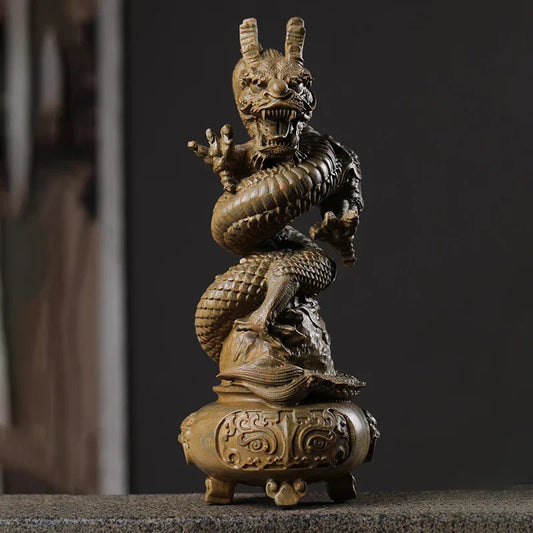 Green Sandalwood Carved Dragon Cauldron Ornament – Chinese Dragon Desk Decor & Opening Gift Craft