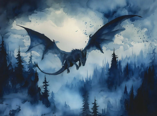 Watercolor Forest White Green Dragon Poster – Fantasy Canvas Art for Dark Academia Home Décor