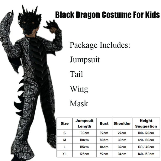 Green & Red Boys Dragon Fire Halloween Costume – Jumpsuit with Wings, Tail & Mask Set (Black & Blue Options)