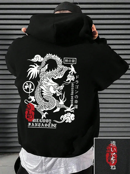 The Harajuku Dragon Funny Pattern Male Hoodies – Comfortable Fleece Pullover with Pocket | Fashionable Streetwear