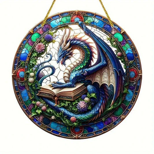 Flying Dragon Translucent Stained Glass Suncatcher – 2D Round Acrylic Window Hanging Decor