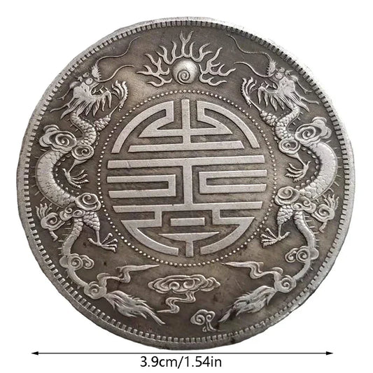 2PCS Antique Feng Shui Silver Double Dragon Lucky Coins