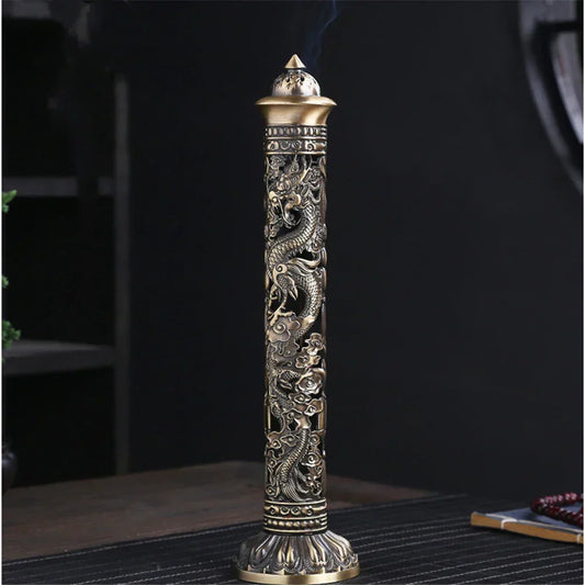 Retro Vertical Incense Burner – Buddha Heart Sutra Dragon & Phoenix Pillar | Metal Incense Stick Holder for Home, Office & Ceremony Decor