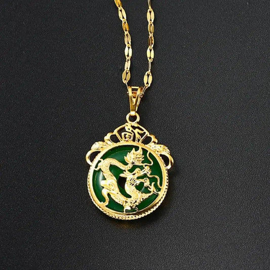 Green Jade Dragon Amulet Necklace