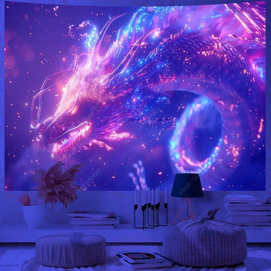 Psychedelic Animal Dragon UV Reactive Tapestry – Hippie Kawaii Wall Hanging & Sofa Blanket Gift