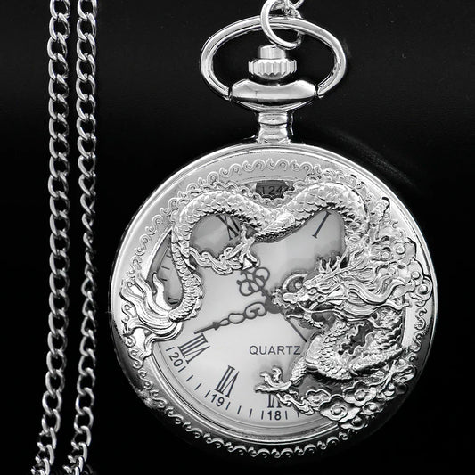 Silver Flying Dragon Quartz Pocket Watch