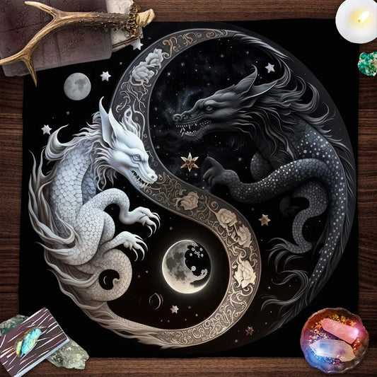 Chinese Dragon Tarot Card Tablecloth Tapestry – Black Moon & Starry Sky Dragons Wicca Altar Cloth