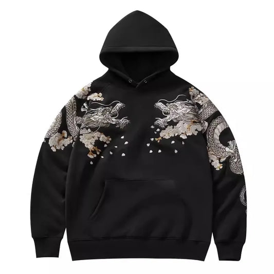 Makuluya Hoodies – Yokosuka Black Dragon & Phoenix Suzaku Embroidered Pullover with Sakura Design