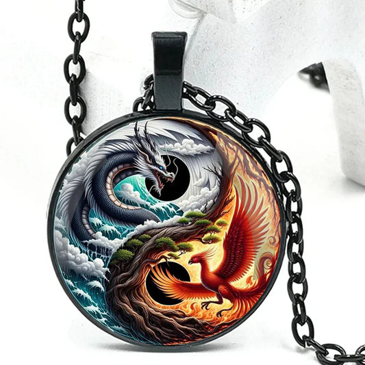 Retro Yang Phoenix and Yin Dragon Glass Dome Pendant Necklace – Handmade Chain Jewelry for Men & Women