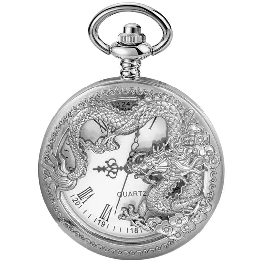 Silver Chinese Characteristic Dragon Shaped Pocket Watch
